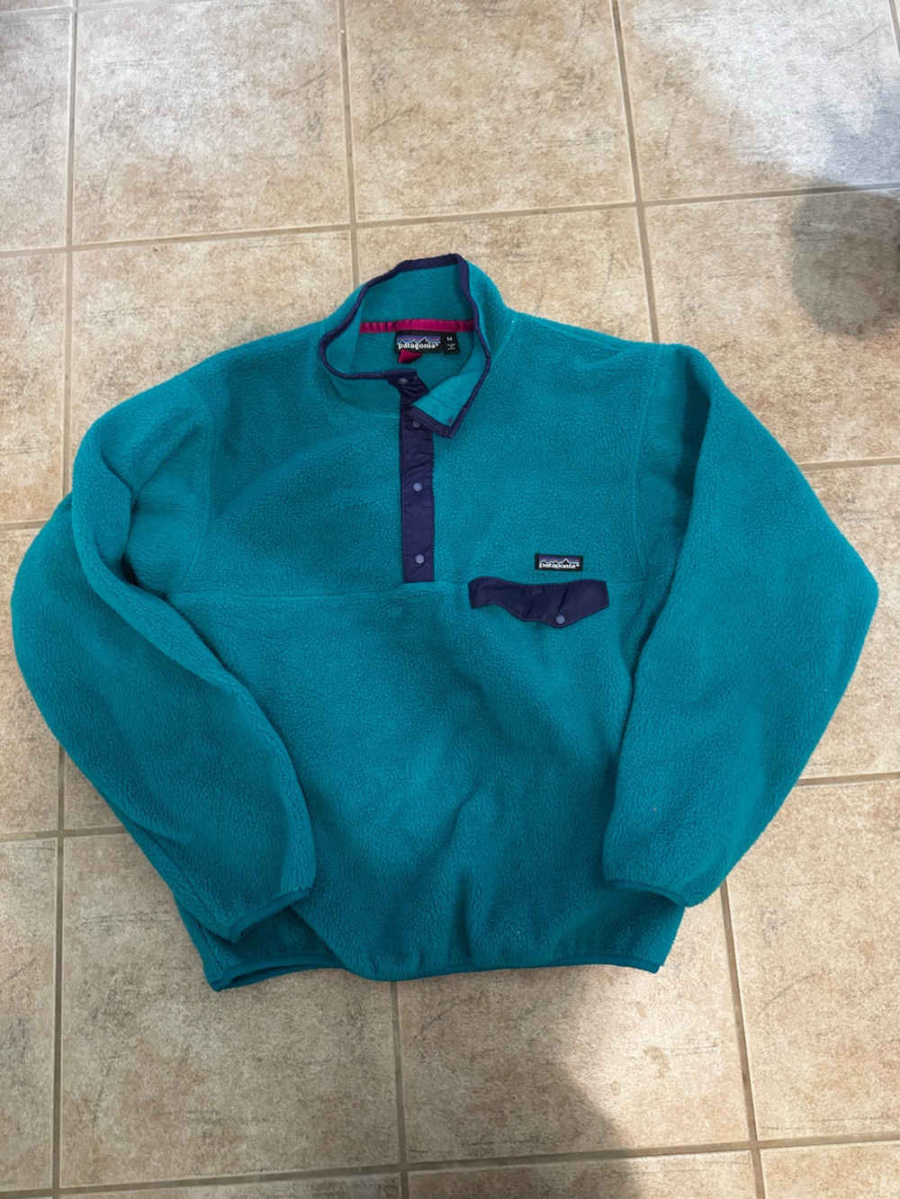 Vintage 90s Patagonia Teal Fleece Pullover with Navy Trim made in the USA